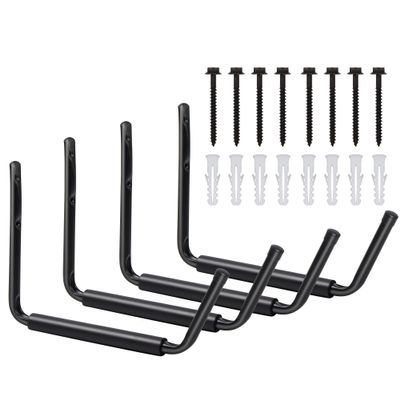 LUGO Heavy Duty Steel Storage Hooks, Wall Mounted Rack for Hanging 50 LB Canoe, Kayak, Surfboard, Snowboard, Ladders, Bikes, Garage Home Utility Hanging Storage (Black, 4)