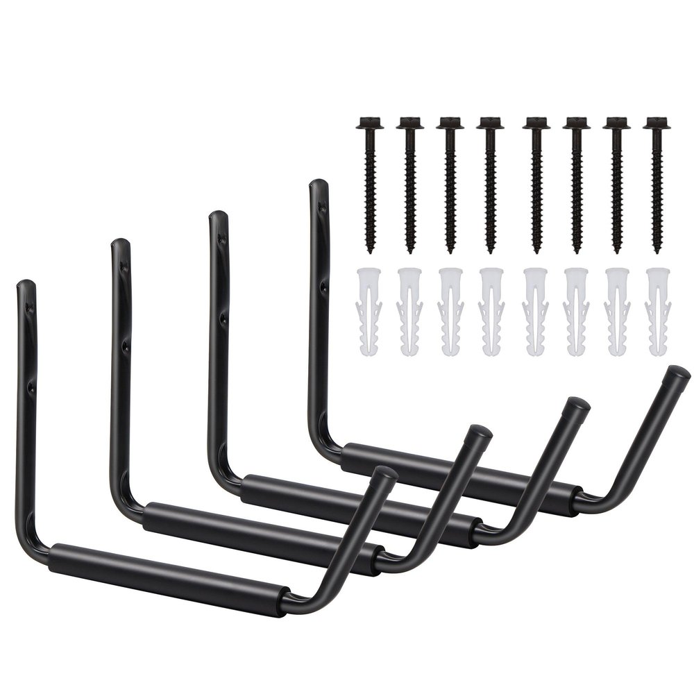 LUGO Heavy Duty Steel Storage Hooks, Wall Mounted Rack for Hanging 50 LB Canoe, Kayak, Surfboard, Snowboard, Ladders, Bikes, Garage Home Utility Hanging Storage (Black, 4)