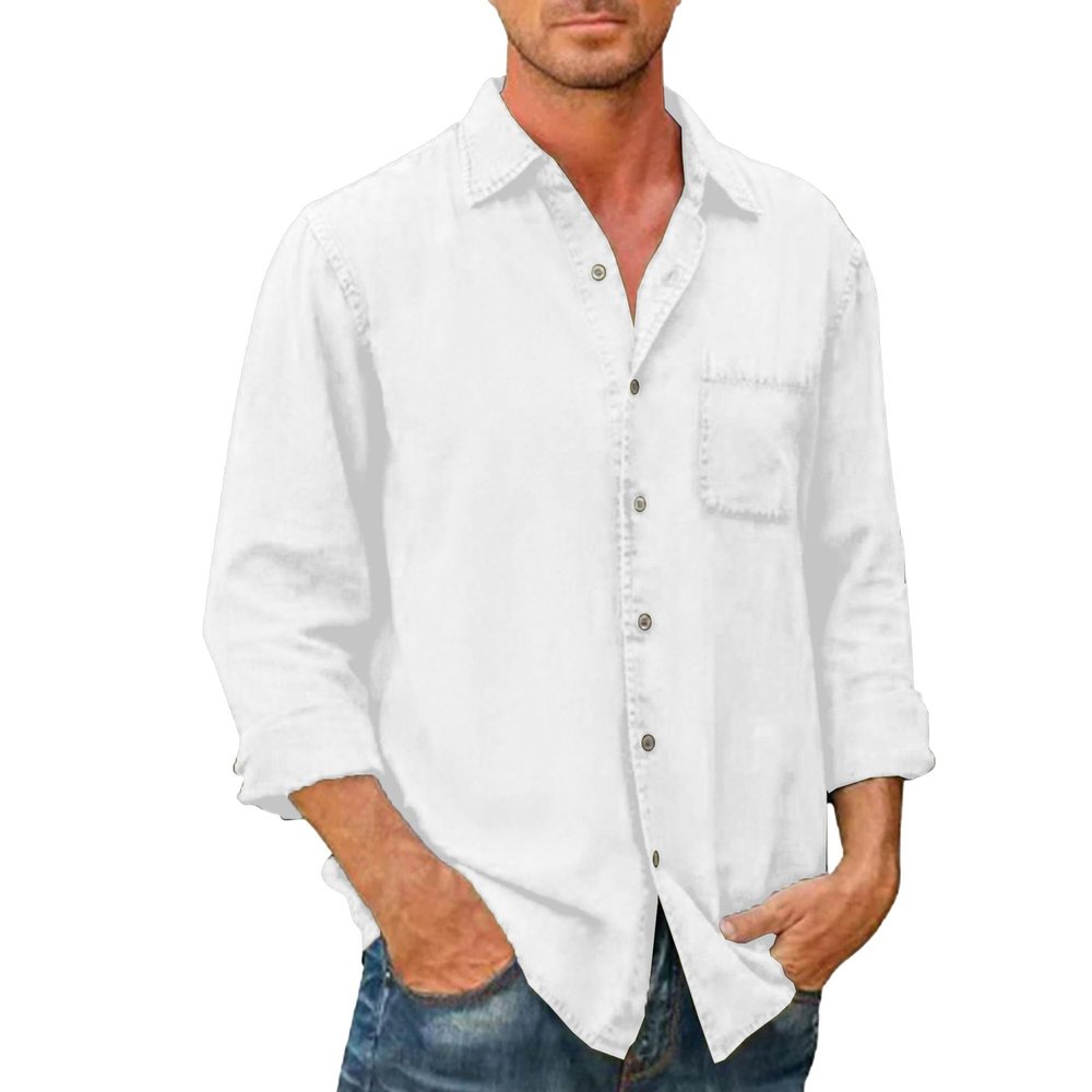 Men Long Sleeve Lapel Denim Shirts Lightweight Work Cowboy Shirt Button Slim Fit Casual Jean Jacket (White,Large)