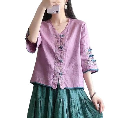 TaoZiPeach Traditional Chinese Clothing Women Cotton Linen Blouse Suit Shirt China Ethnic Style Cheongsam Tops s3 Purple XL