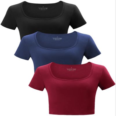 Yeawinta Crop Tops for Women Workout Tshirt Cotton Short Sleeve T Shirts Cropped Basic Tees Cute Fitted Gym Yoga Clothes 3 Pack Black/Burgundy/Navy S
