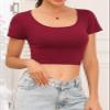 Yeawinta Crop Tops for Women Workout Tshirt Cotton Short Sleeve T Shirts Cropped Basic Tees Cute Fitted Gym Yoga Clothes 3 Pack Black/Burgundy/Navy S view 2
