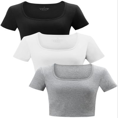 Yeawinta Crop Tops for Women Workout Tshirt Cotton Short Sleeve T Shirts Cropped Basic Tees Cute Fitted Gym Yoga Clothes 3 Pack Black/Grey/White M