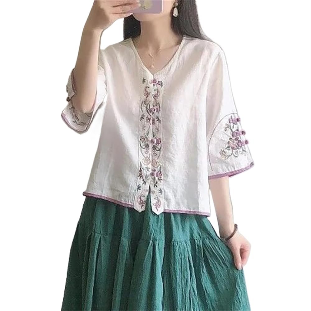 TaoZiPeach Traditional Chinese Clothing Women Cotton Linen Blouse Suit Shirt China Ethnic Style Cheongsam Tops s2 White L