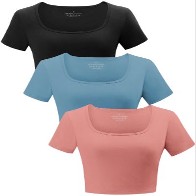 Yeawinta Crop Tops for Women Workout Tshirt Cotton Short Sleeve T Shirts Cropped Basic Tees Cute Fitted Gym Yoga Clothes 3 Pack Black/Croal/Blue L