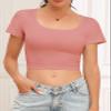 Yeawinta Crop Tops for Women Workout Tshirt Cotton Short Sleeve T Shirts Cropped Basic Tees Cute Fitted Gym Yoga Clothes 3 Pack Black/Croal/Blue L view 2