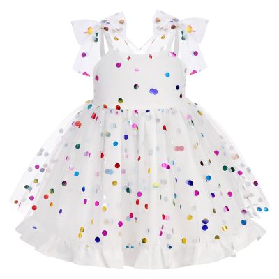 1st Birthday Dress for Baby Girl Sleeveless Colorful Dots Tulle Tutu Dress Smocked Backless Princess Party Dress First Birthday Cake Smash Photoshoot Outfit White-Colorful dots 3-4 T