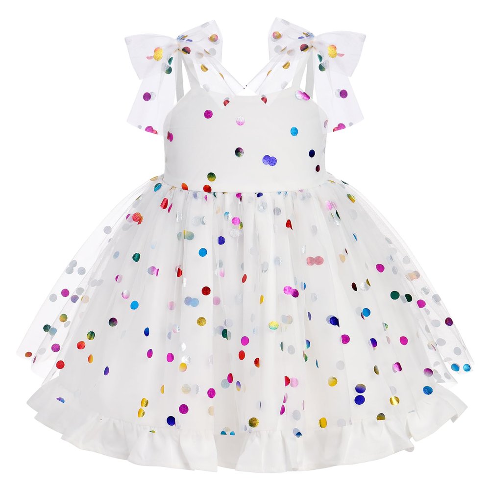 1st Birthday Dress for Baby Girl Sleeveless Colorful Dots Tulle Tutu Dress Smocked Backless Princess Party Dress First Birthday Cake Smash Photoshoot Outfit White-Colorful dots 3-4 T
