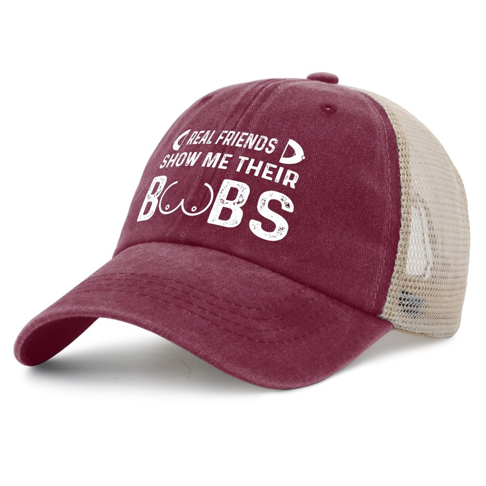 FUNGISDIN Real Friends Show Me Their Boobs Hat for Men Cute Funny Cycling Caps for Women Deep Rose Cycling Cap Plain Unique Gifts for Farmers