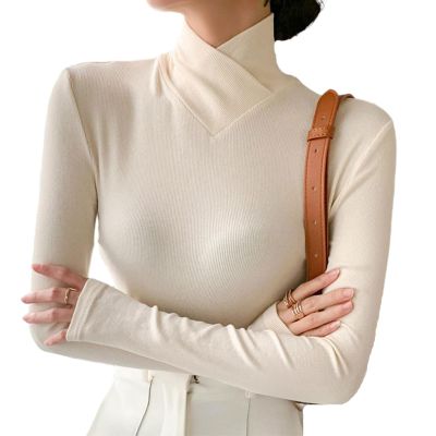 Fleece Crossover Turtleneck, Women's High Stretch Mock Turtle Neck Long Sleeve Bottoming Pullover Tops (White,3XL)