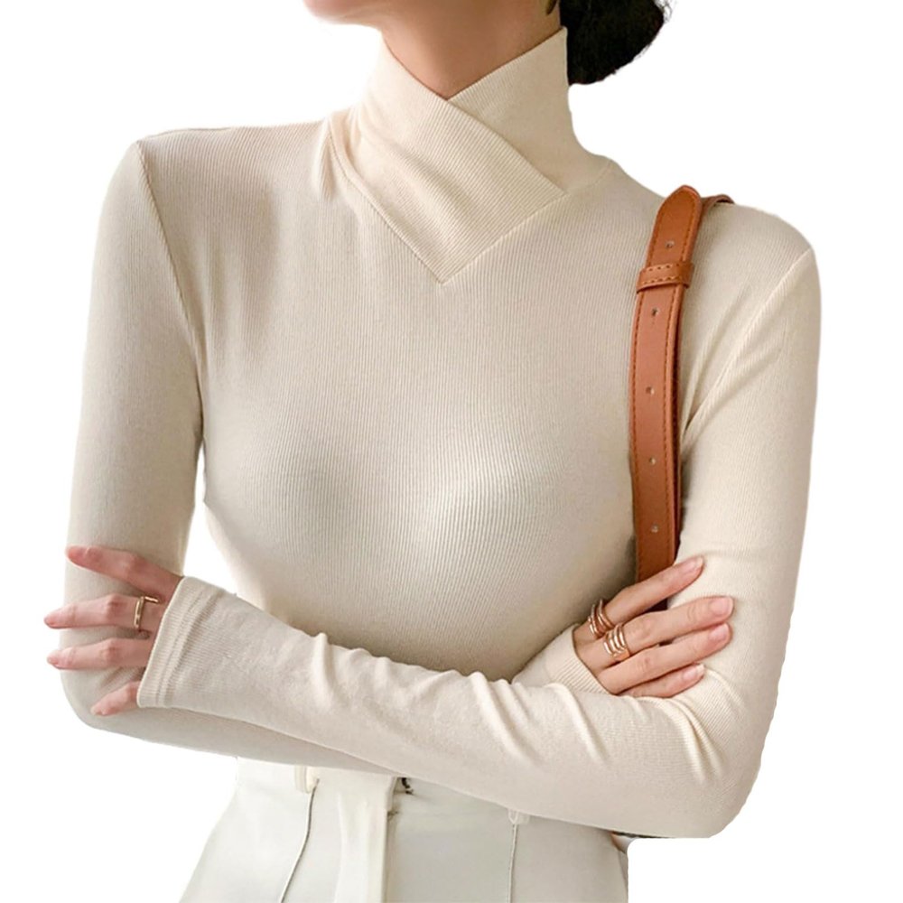 Fleece Crossover Turtleneck, Women's High Stretch Mock Turtle Neck Long Sleeve Bottoming Pullover Tops (White,3XL)