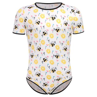 FYMNSI Mens One Piece Short Sleeve Romper Button Crotch Shirt Pajamas Bodysuit Jumpsuit Cute Bee Print Diaper Teddy Rompers Leotard Tops Undershirt Sleepwear Nightwear Age Regression Clothes Bee M