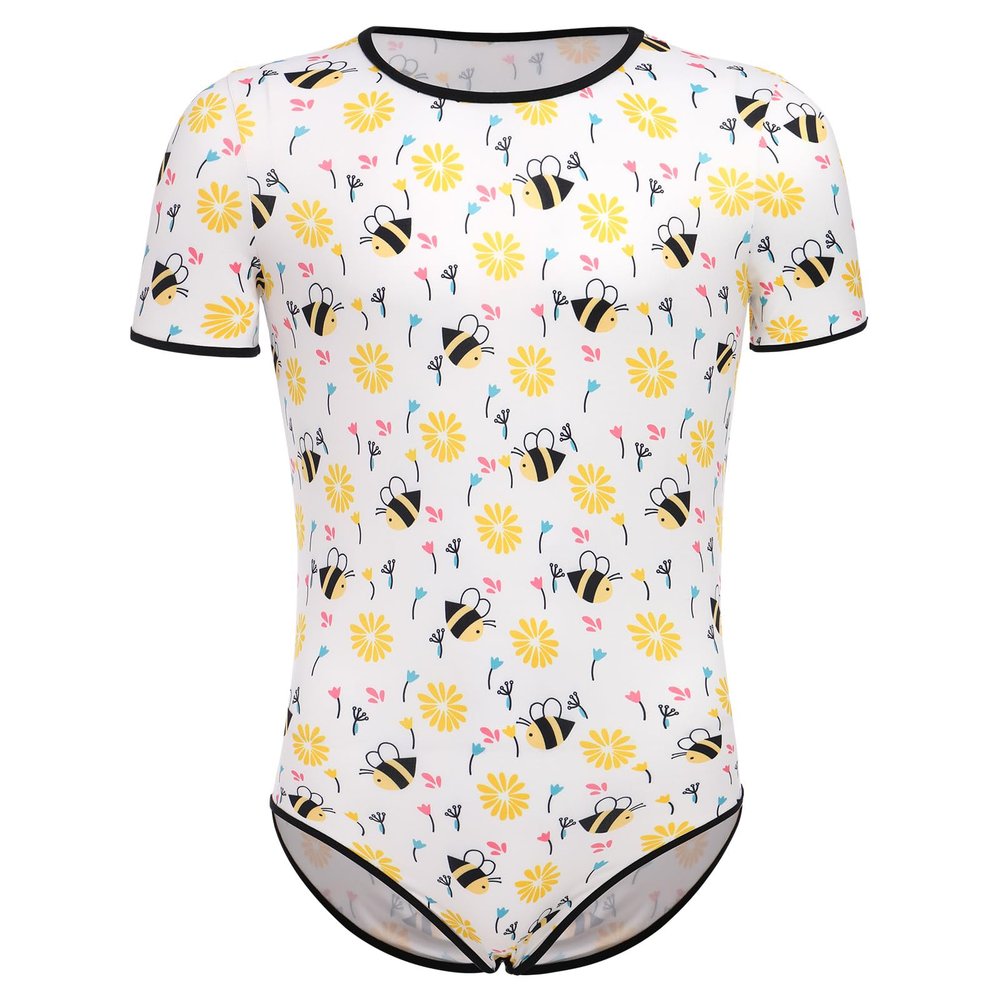 FYMNSI Mens One Piece Short Sleeve Romper Button Crotch Shirt Pajamas Bodysuit Jumpsuit Cute Bee Print Diaper Teddy Rompers Leotard Tops Undershirt Sleepwear Nightwear Age Regression Clothes Bee M