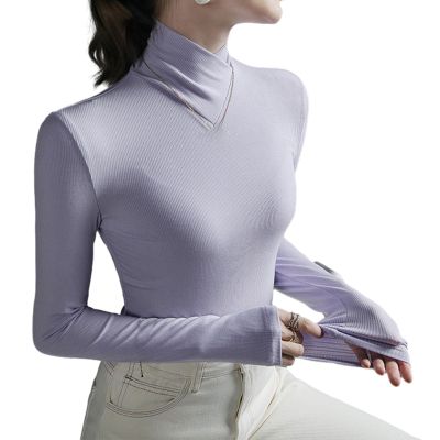 Fleece Crossover Turtleneck, Women's High Stretch Mock Turtle Neck Long Sleeve Bottoming Pullover Tops (Light Purple,XXL)