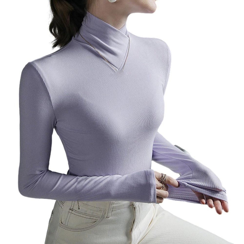 Fleece Crossover Turtleneck, Women's High Stretch Mock Turtle Neck Long Sleeve Bottoming Pullover Tops (Light Purple,XXL)