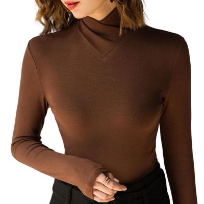 Fleece Crossover Turtleneck, Women's High Stretch Mock Turtle Neck Long Sleeve Bottoming Pullover Tops (Caramel,XL)