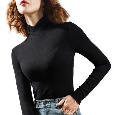 Fleece Crossover Turtleneck, Women's High Stretch Mock Turtle Neck Long Sleeve Bottoming Pullover Tops (Black,3XL)