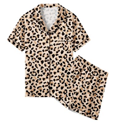 Umeyda Women Silk Pajamas Set, 2 Piece Satin PJ Sets Short Sleeve Button-Down Nightwear Sleepwear, Brown Leopard, X-Small