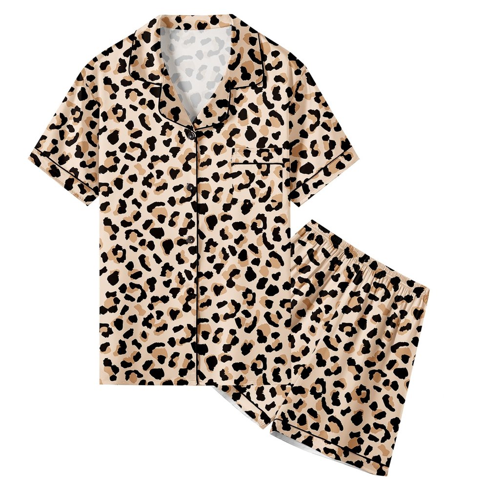 Umeyda Women Silk Pajamas Set, 2 Piece Satin PJ Sets Short Sleeve Button-Down Nightwear Sleepwear, Brown Leopard, X-Small