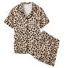 Umeyda Women Silk Pajamas Set, 2 Piece Satin PJ Sets Short Sleeve Button-Down Nightwear Sleepwear, Brown Leopard, X-Small view 1