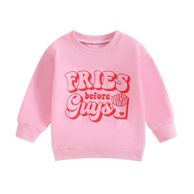 Baby Toddler Girl Boy Valentines Day Outfit Heart Letter Print Crewneck Sweatshirt Pullover Tops Cute Spring Clothes (Fries Before Guys Pink, 3-4 Years)