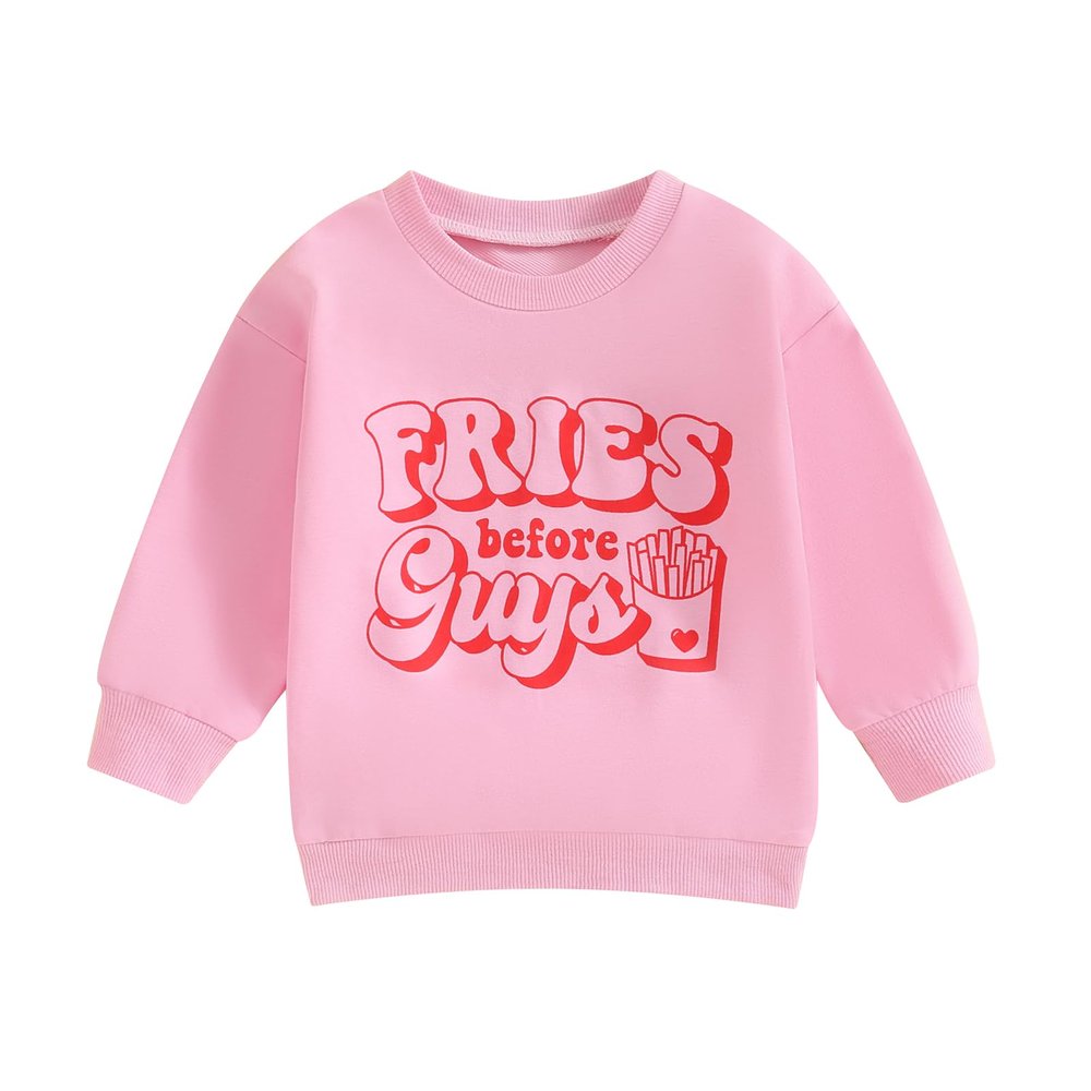 Baby Toddler Girl Boy Valentines Day Outfit Heart Letter Print Crewneck Sweatshirt Pullover Tops Cute Spring Clothes (Fries Before Guys Pink, 3-4 Years)