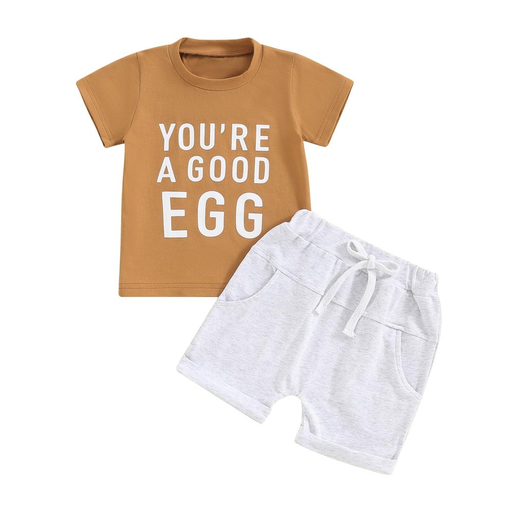 Toddler Baby Boy Easter Outfits Bunny Letter Print Short Sleeve T-Shirt Tops Shorts Infant Summer Clothes Sets (Brown-Good Egg, 18-24 Months)