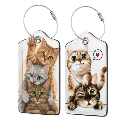 2 Pack Luggage Tags for suitcases Cute Funny cat Luggage Tag, Leather Stainless Steel Loop Label Tag for Men Women Travel Bag Suitcase2 cat