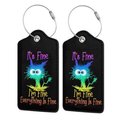 2 Pack Luggage Tags for suitcases Cute Funny I'm Fine It's Fine Color Luggage Tag, Leather Stainless Steel Loop Label Tag for Men Women Travel Bag SuitcaseBlack Laser