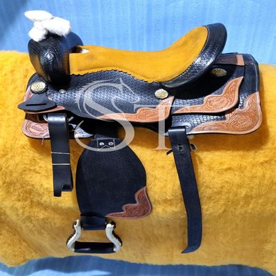 Sazaar Tack Western Kids Youth Adult Barrel leather Saddle for Horse Riding, Floral Tooled Saddle with Silver Conchos ST-WLS-128 (15" Seat)
