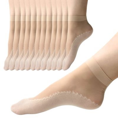 12 Pairs Nylon Socks for Women Sheer Ankle Socks w/Reinforced Bottom and Toe by Daisy&Dino, 12-Nude