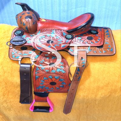 Sazaar Tack Western Kids Youth Adult Barrel Leather Saddle for Horse Riding, Floral Tooled Saddle with Silver Conchos ST-WLS-126 (12" Seat)