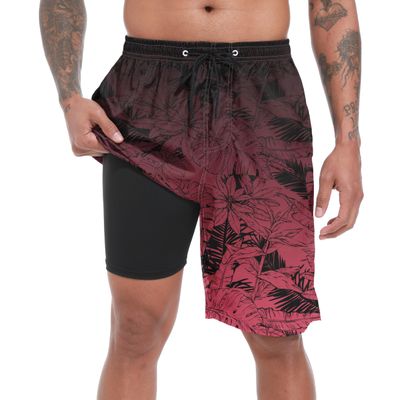 FT FENTENG Mens Swim Trunks with Compression Liner, Gradient Maroon Leaf Men Bathing Suit Swimming Trunks 9 Inch Inseam Board Shorts Men's Swimwear, 4 Way Stretch Beach Shorts Quick Dry Swimsuits, S