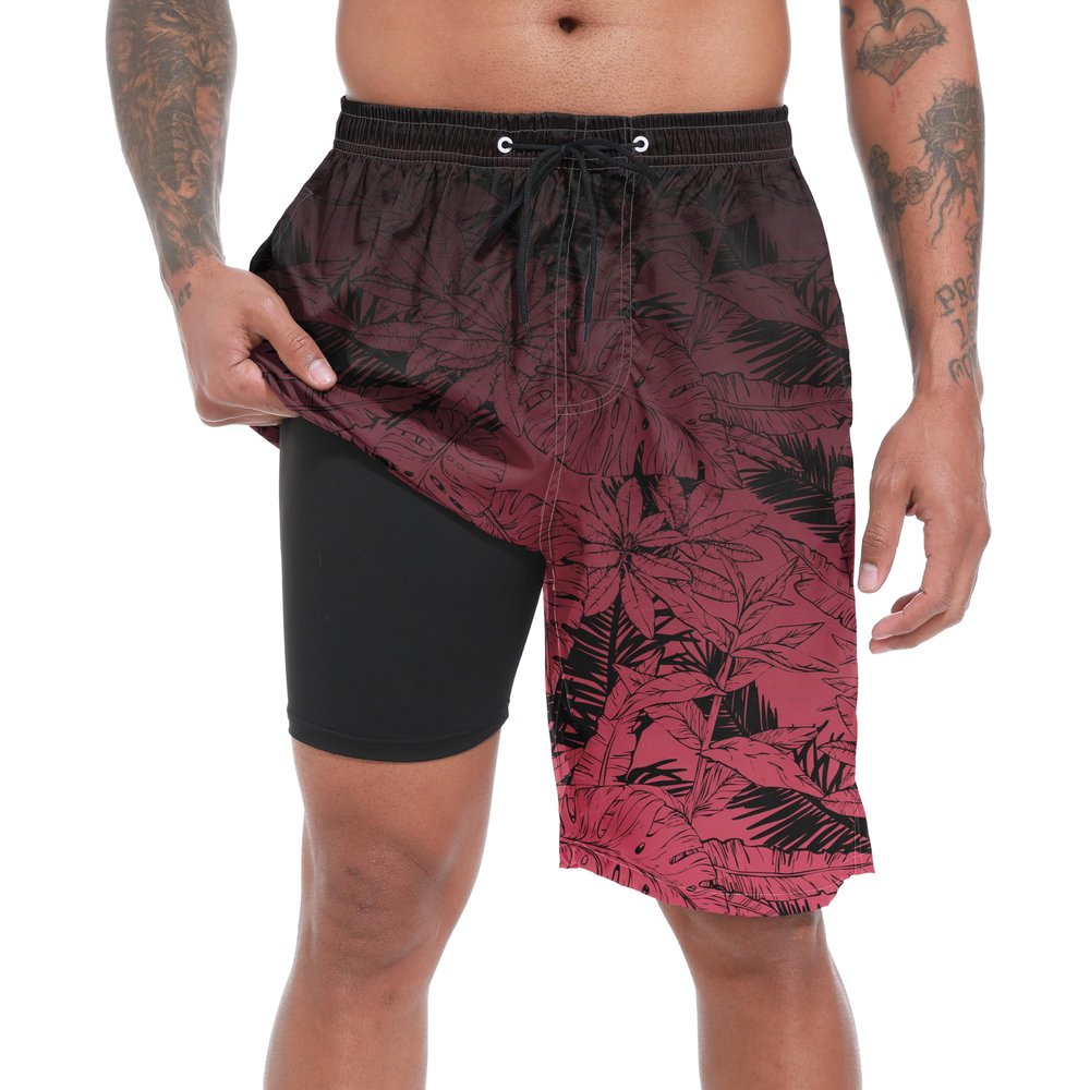 FT FENTENG Mens Swim Trunks with Compression Liner, Gradient Maroon Leaf Men Bathing Suit Swimming Trunks 9 Inch Inseam Board Shorts Men's Swimwear, 4 Way Stretch Beach Shorts Quick Dry Swimsuits, S