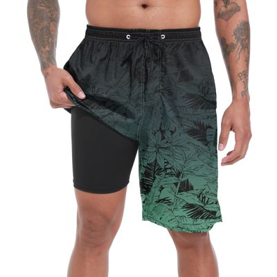 FT FENTENG Mens Swim Trunks with Compression Liner, Gradient Green Leaf Men Bathing Suit Swimming Trunks 9 Inch Inseam Board Shorts Men's Swimwear, 4 Way Stretch Beach Shorts Quick Dry Swimsuits, L
