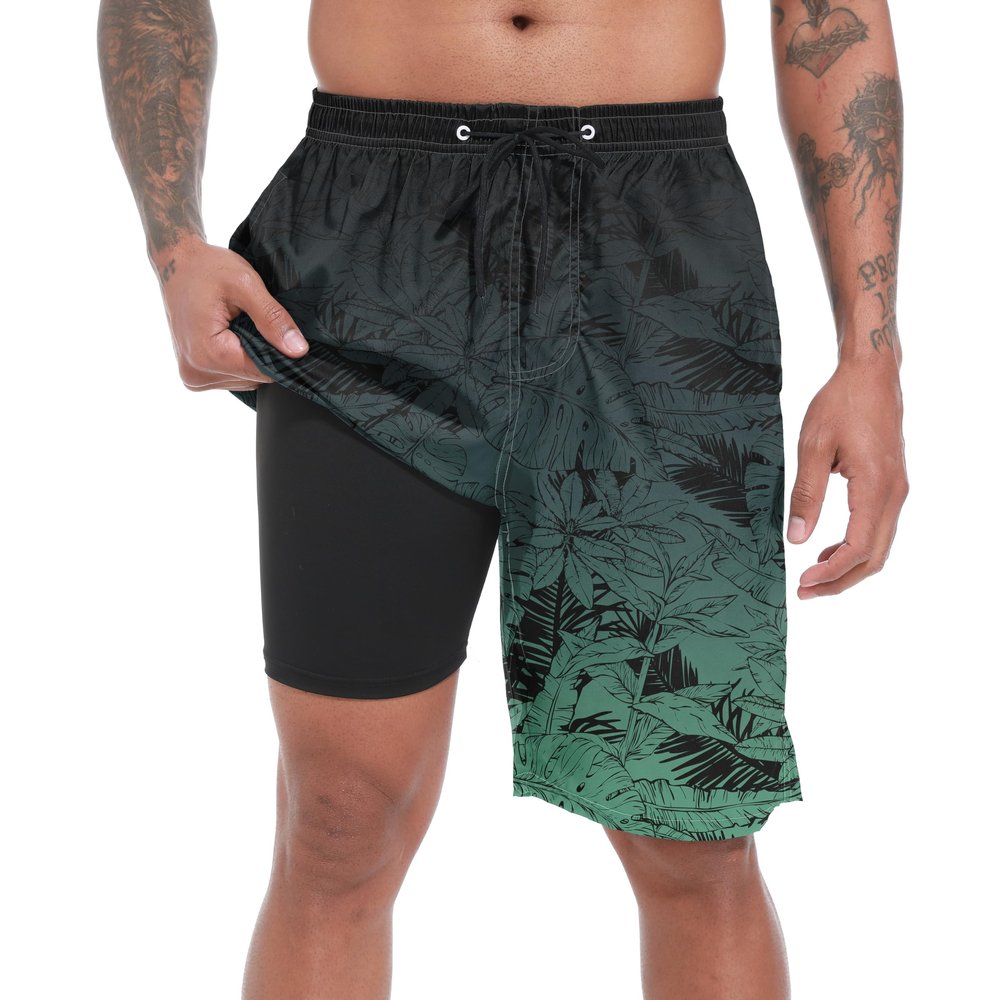 FT FENTENG Mens Swim Trunks with Compression Liner, Gradient Green Leaf Men Bathing Suit Swimming Trunks 9 Inch Inseam Board Shorts Men's Swimwear, 4 Way Stretch Beach Shorts Quick Dry Swimsuits, L