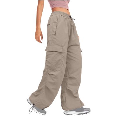NineFit Basics Cargo Pants Women High Waisted Wide Leg Pants Baggy Elastic Drawstring Outdoor Y2K Fashion Streetwear Jogger Trousers, Small, A01_khaki