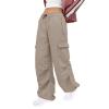 NineFit Basics Cargo Pants Women High Waisted Wide Leg Pants Baggy Elastic Drawstring Outdoor Y2K Fashion Streetwear Jogger Trousers, Small, A01_khaki view 2