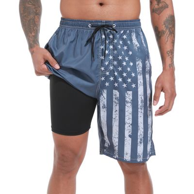 FT FENTENG Mens Swim Trunks with Compression Liner, Vintage Navy USA Flag Men Bathing Suit Swimming Trunks 9 Inch Inseam Board Shorts Men's Swimwear, 4 Way Stretch Beach Shorts Quick Dry Swimsuits, L