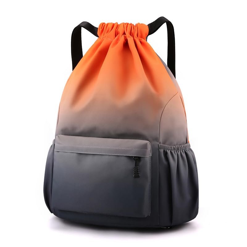 CarXs Waterproof Drawstring Bag, Lightweight String Backpack with Water Bottle Holder and Pockets, Gym Sports Cinch Sackpack (Orange gray,Small)