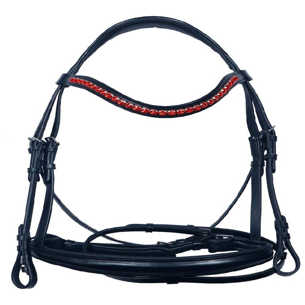 Sazaar Tack Black Leather Padded English Anatomic Bridle with Matching Reins White Crystal Browband Handmade Full Cob Pony ST-004 (Pony)