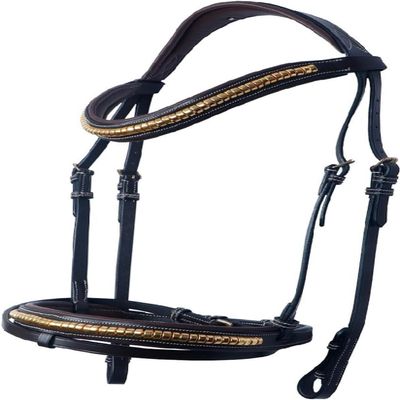 Sazaar Tack Black Leather Padded English Anatomic Bridle with Matching Reins White Crystal Browband Handmade Full Cob Pony ST-008 (Pony)