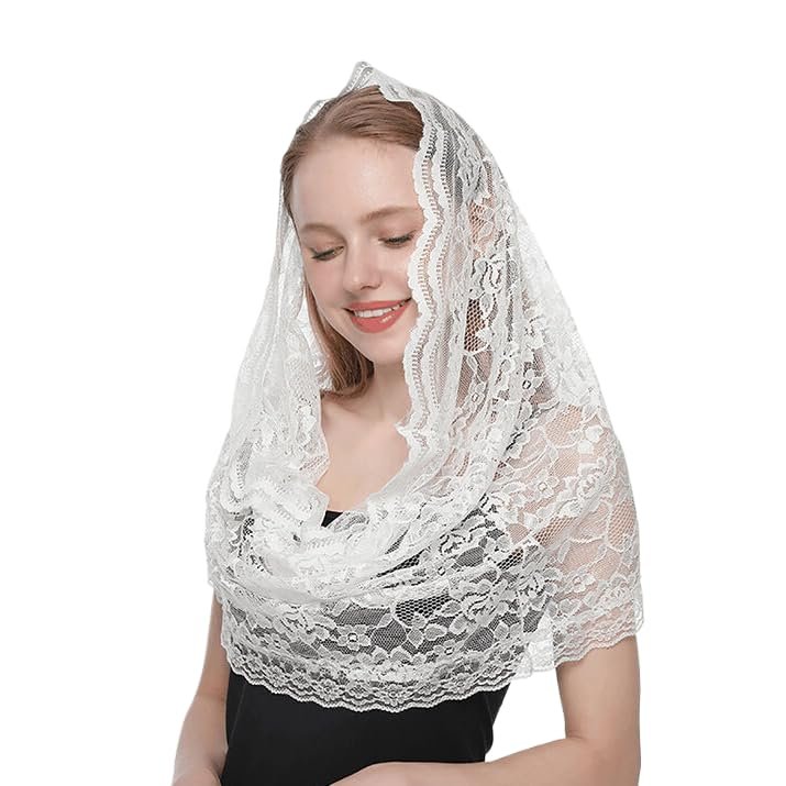 HUSSATOP Women Spanish Style Mass Veil Floral Vintage Mantilla Veil Lace Shawl Latin Scarf Head Covering for Wedding