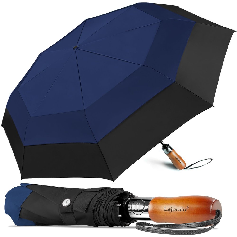 Lejorain Compact Golf Umbrella Travel - 54inch Oversized Collapsible Auto Open Close Portable Strong Adult Umbrella Luxury Wooden Handle