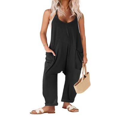 Ekouaer Womens Jumpsuit Sleeveless Casual Summer Overalls Jumpers Spaghetti Strap Baggy Long Pants Rompers with Pockets Black XL