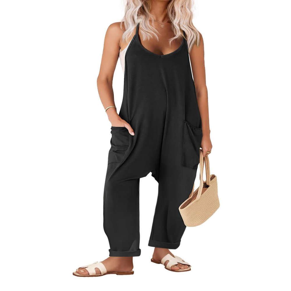 Ekouaer Womens Jumpsuit Sleeveless Casual Summer Overalls Jumpers Spaghetti Strap Baggy Long Pants Rompers with Pockets Black XL