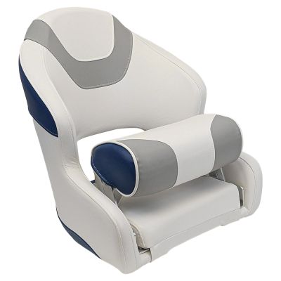 YACHARIES Captain Bucket Seat Boat Seat, Premium Sport Filp Up Boat Seat with Bolster, Waterproof Boat Captain Chair, Quick installation, comfortable and breathable (White gray and blue)