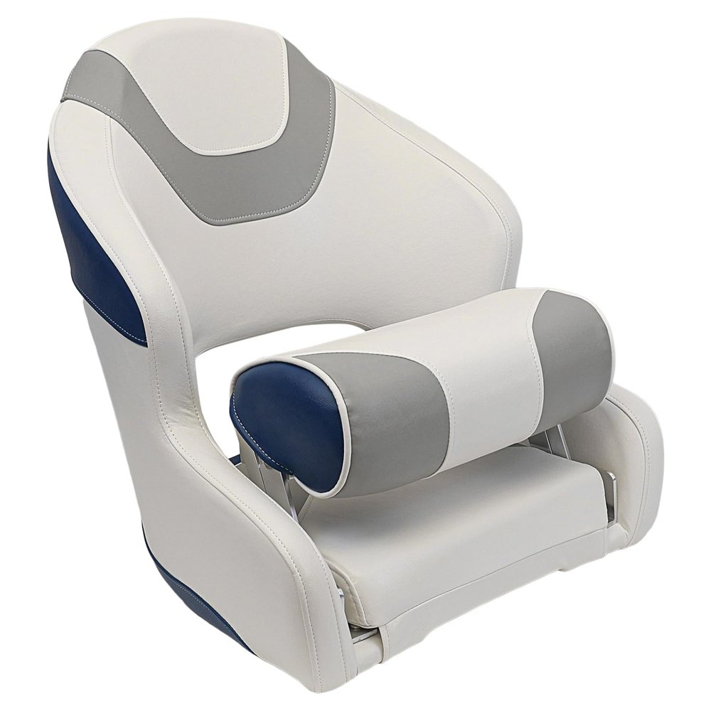 YACHARIES Captain Bucket Seat Boat Seat, Premium Sport Filp Up Boat Seat with Bolster, Waterproof Boat Captain Chair, Quick installation, comfortable and breathable (White gray and blue)