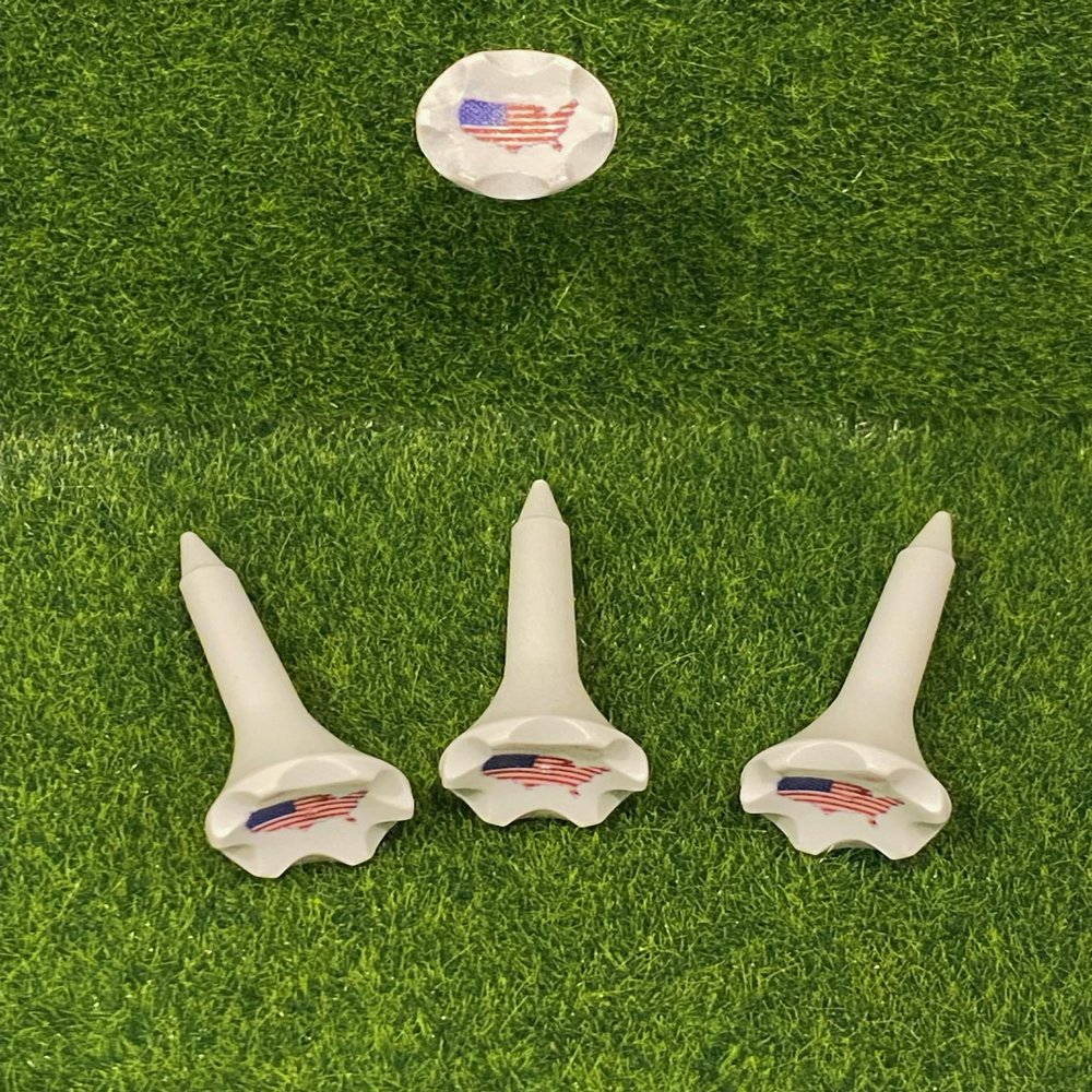 NineFit Basics 1 Plastic Golf Tees USA Flag Design Short Tees for Irons, Par Threes, Hybrids, and Driving Range - Pack of 50, 100, 200 or 500 Bulk in High Visibility White Durable Plastic (50)