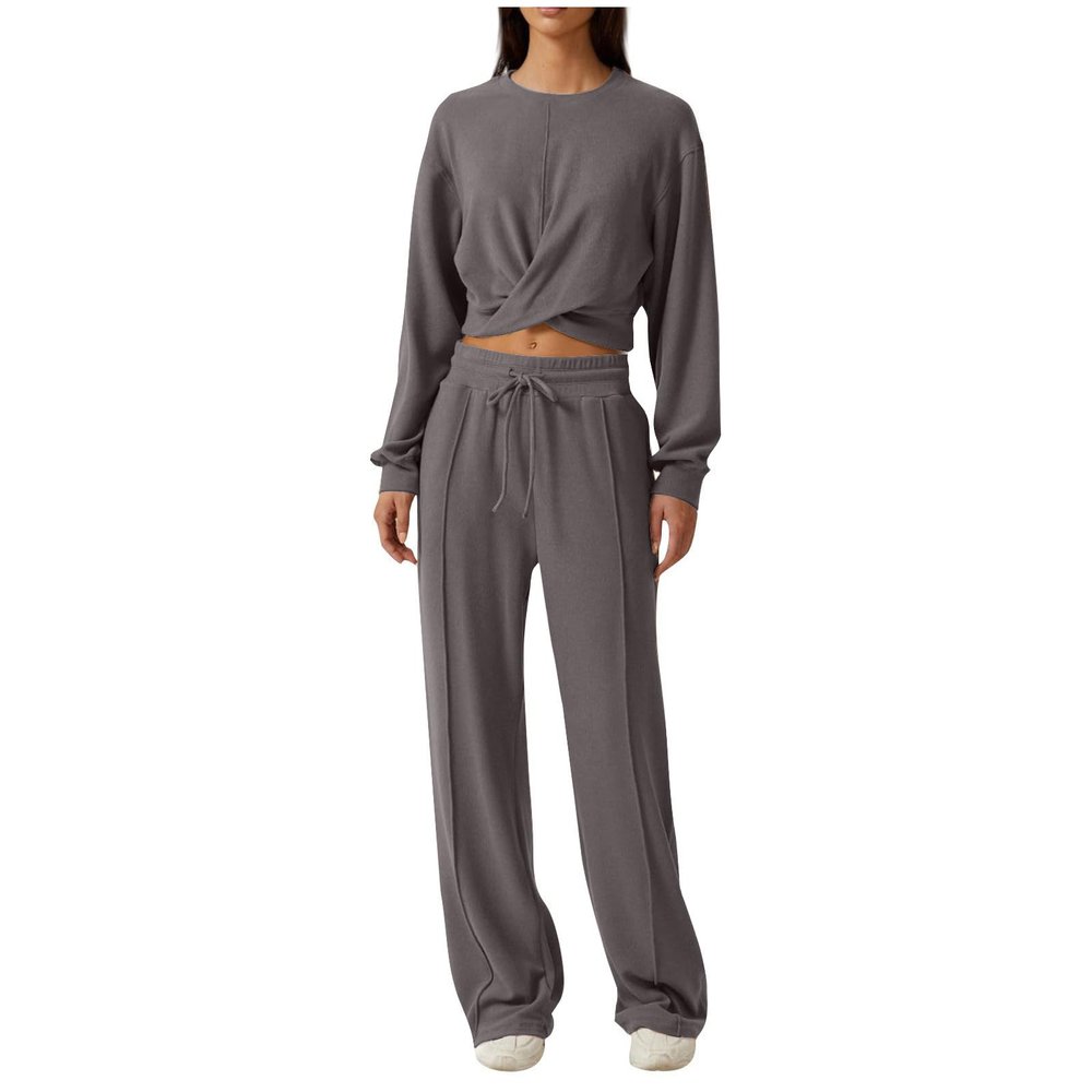 2 Piece Outfits Sweatsuit for Women Sets Twist Front Cropped Sweatshirt Baggy Wide Leg Sweatpant Lounge Set Tracksuit Dark Gray